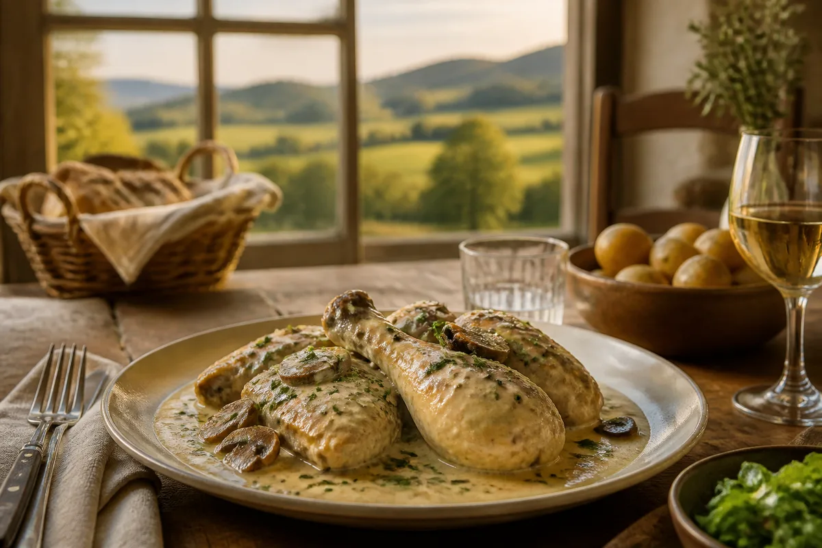 Plat de volaille de Bresse à la crème servi dans une table de tradition